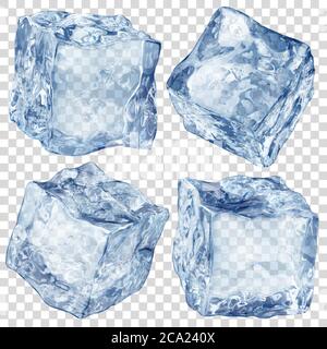 Set of four realistic translucent ice cubes in blue color isolated on transparent background. Transparency only in vector format Stock Vector