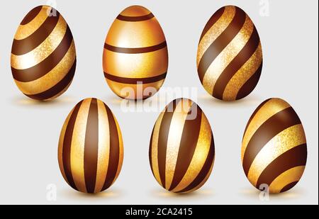 Set of realistic golden Easter eggs with glares, chocolate stripes and soft shadows on white background Stock Vector