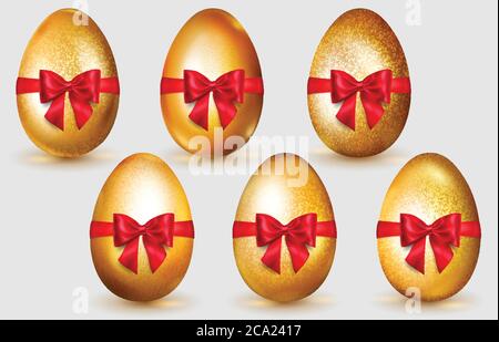 Set of realistic golden Easter eggs with red bows, glares and soft shadows on white background Stock Vector