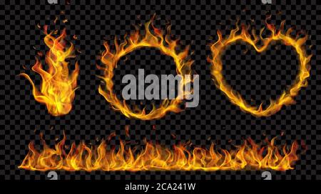 Translucent heart, ring, campfire and long banner of fire flame on transparent background. For used on dark backdrops. Transparency only in vector for Stock Vector