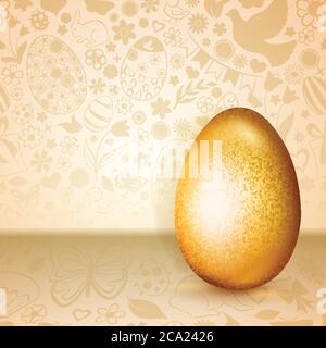 Big golden Easter egg standing on background of flowers, cakes, hare, chicken and other holiday symbols Stock Vector