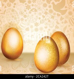 Three golden Easter eggs standing on background of flowers, cakes, hare, chicken and other holiday symbols Stock Vector