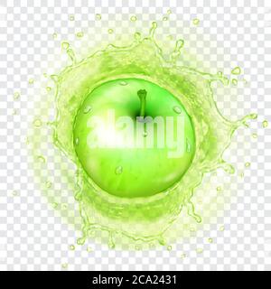 Green apple falling into juice with translucent splash of water crown. Transparency only in vector format Stock Vector