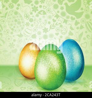 Three colored Easter eggs standing on green background of flowers, cakes, hare, chicken and other holiday symbols Stock Vector