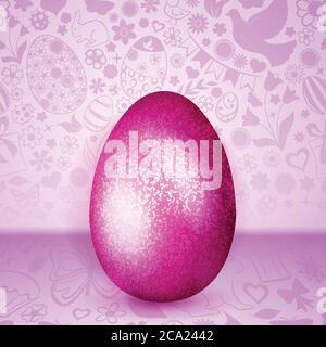 Big purple Easter egg standing on background of flowers, cakes, hare, chicken and other holiday symbols Stock Vector