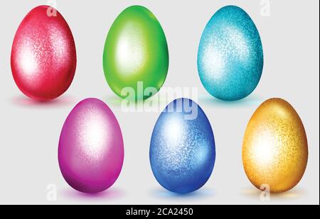 Set of realistic multicolored Easter eggs with glares and soft shadows on white background Stock Vector