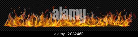 Translucent long horizontal fire flame with smoke on transparent background. For used on dark backgrounds. Transparency only in vector format Stock Vector