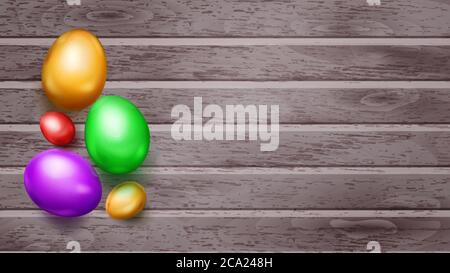 Realistic colored Easter eggs with shadows on wooden planks Stock Vector