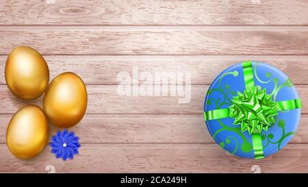 Realistic golden Easter eggs and beautiful gift box with bow on wooden planks Stock Vector
