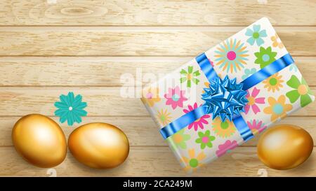 Realistic golden Easter eggs and beautiful gift box with bow on wooden planks Stock Vector
