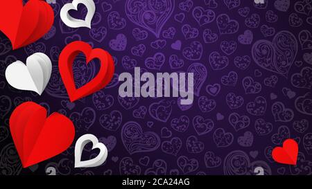 Background with paper volume hearts, white and red on purple Stock Vector