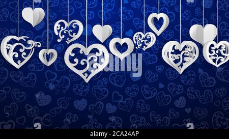 Background with hanging paper volume hearts with curls, white on blue Stock Vector
