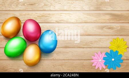 Realistic colored Easter eggs and several flowers on wooden planks Stock Vector