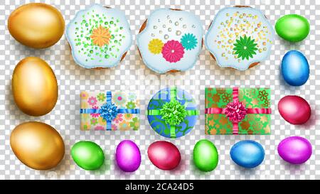 Set of realistic golden and colored Easter eggs, cakes and gift boxes with soft shadows on transparent background Stock Vector