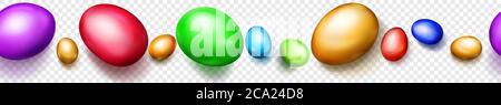 Horizontal seamless banner with horizontally repeated realistic colored Easter eggs with soft shadows on transparent background Stock Vector