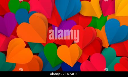 Background with many small colored paper volume hearts Stock Vector