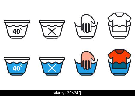 Set of icons for hand washing clothes in the basin. Flat vector illustration isolated on white background. Stock Vector