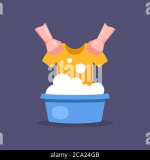 wash clothes in a basin with hands. flat vector illustration. Stock Vector