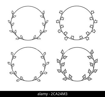 Vector vintage circle wreaths in mono line style. Collection of four floral frames. Stock Vector