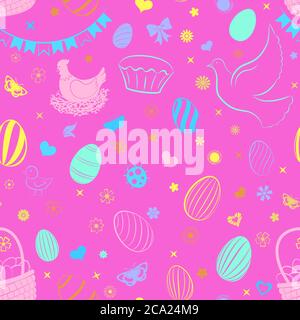 Seamless pattern of eggs, flowers, cakes, hare, hen, chicken and other Easter symbols, multicolored on pink Stock Vector
