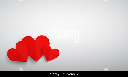 Background with three red paper volume hearts, red on white Stock Vector