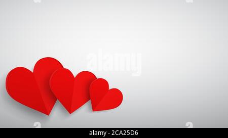 Background with three red paper volume hearts, red on white Stock Vector