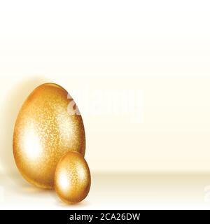 Two golden Easter eggs with soft shadows standing on light background Stock Vector