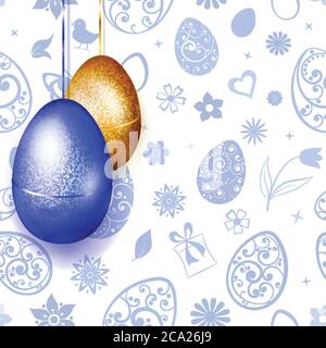 Golden and blue Easter eggs hanging on light blue background of flowers, leaves, hearts and other holiday symbols Stock Vector