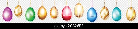 Horizontal banner of colored Easter eggs with stripes and without hanging on transparent background Stock Vector