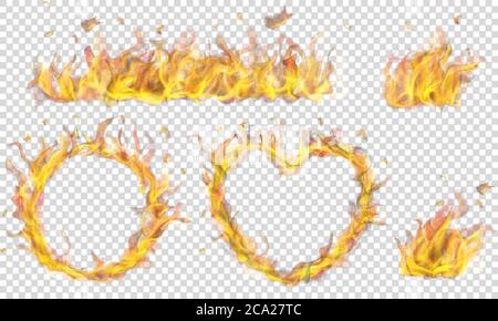 Translucent heart, ring, campfire and long banner of fire flame on transparent background. Transparency only in vector format Stock Vector