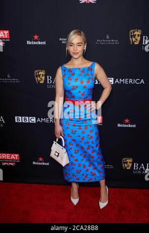 LOS ANGELES - JAN 6:  Emilia Clarke at the 2018 BAFTA Tea Party Arrivals at the Four Seasons Hotel Los Angeles on January 6, 2018 in Beverly Hills, CA Stock Photo