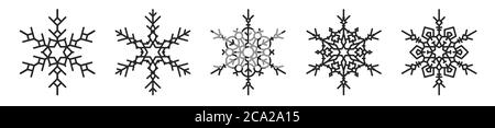 Set of five black stylish winter snowflakes. Christmas, New Year icons silhouettes for your design. Stock Vector