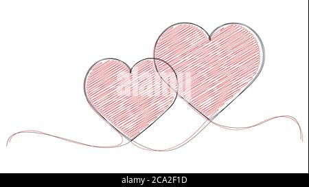 Pair of vector hearts silhouettes in continuous line hand drawn style. Stock Vector