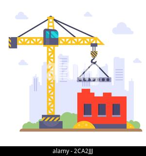 Construction crane builds a prefabricated house on the background of the city. flat vector illustration. Stock Vector