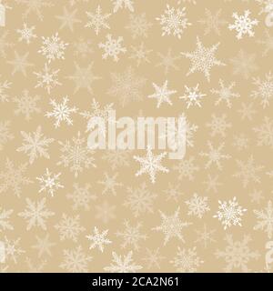 Christmas seamless pattern of snowflakes, white on beige background. Stock Vector