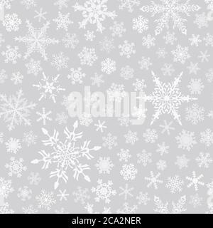 Christmas seamless pattern of snowflakes, white on gray background. Stock Vector