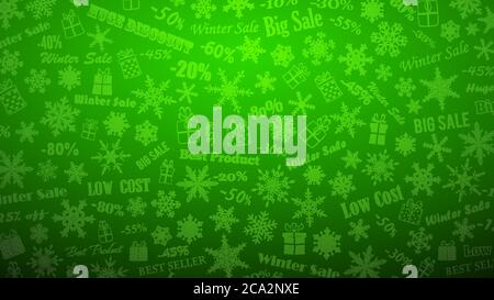Background on winter discounts and special offers, made of snowflakes, inscriptions and gift boxes, in green colors Stock Vector