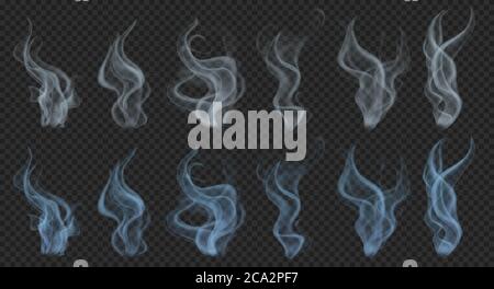 Set of realistic translucent smoke or steam in gray and light blue colors, isolated on transparent background. Transparency only in vector format Stock Vector