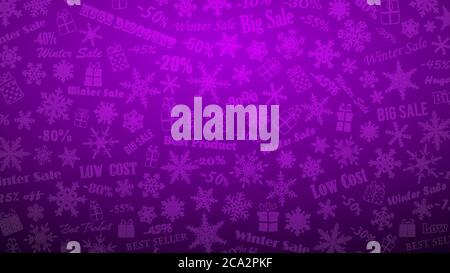 Background on winter discounts and special offers, made of snowflakes, inscriptions and gift boxes, in purple colors Stock Vector