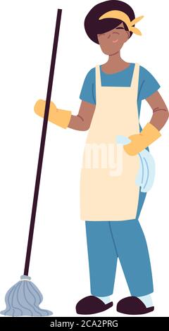 cleaning service woman with gloves and cleaning utensils vector illustration design Stock Vector