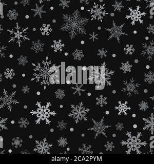 Christmas seamless pattern of snowflakes, gray on black background. Stock Vector