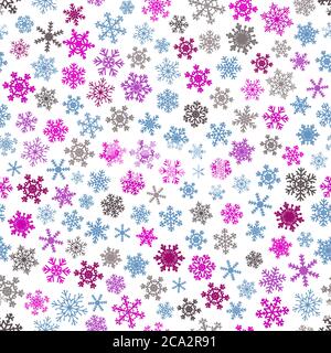 Christmas seamless pattern of snowflakes, blue and purple on white background. Stock Vector