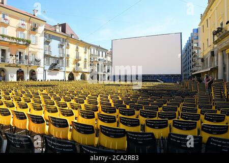 Locarno, Switzerland. 01st Aug, 2020. Locarno, Switzerland RCHIVIO: Locarno Festival 2020 For the Future of Films will take place from 5 to 15 August because Coronavirus is proposed online for the presentation of the films, in some cases with the possibility of being directly present in some theaters physically by booking. Piazza Grande for the first time will not be used like the classic redcarper. In the photo: the Piazza Grande Credit: Independent Photo Agency/Alamy Live News Stock Photo