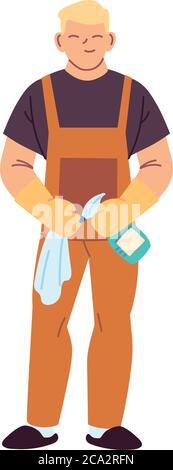 cleaning service man with gloves and cleaning utensils vector illustration design Stock Vector