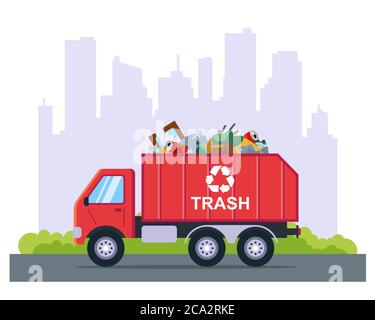 garbage removal by truck from the city. flat vector illustration. Stock Vector