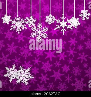 Christmas illustration with white hanging snowflakes on purple background Stock Vector