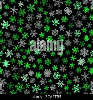 Christmas seamless pattern of snowflakes, gray and green on black background. Stock Vector