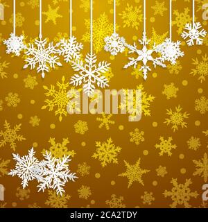 Christmas illustration with white hanging snowflakes on golden background Stock Vector