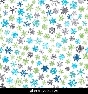 Christmas seamless pattern of snowflakes, blue and green on white background. Stock Vector