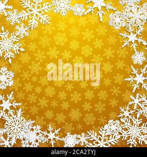 Christmas illustration with circle frame of big white snowflakes with shadows on yellow background Stock Vector